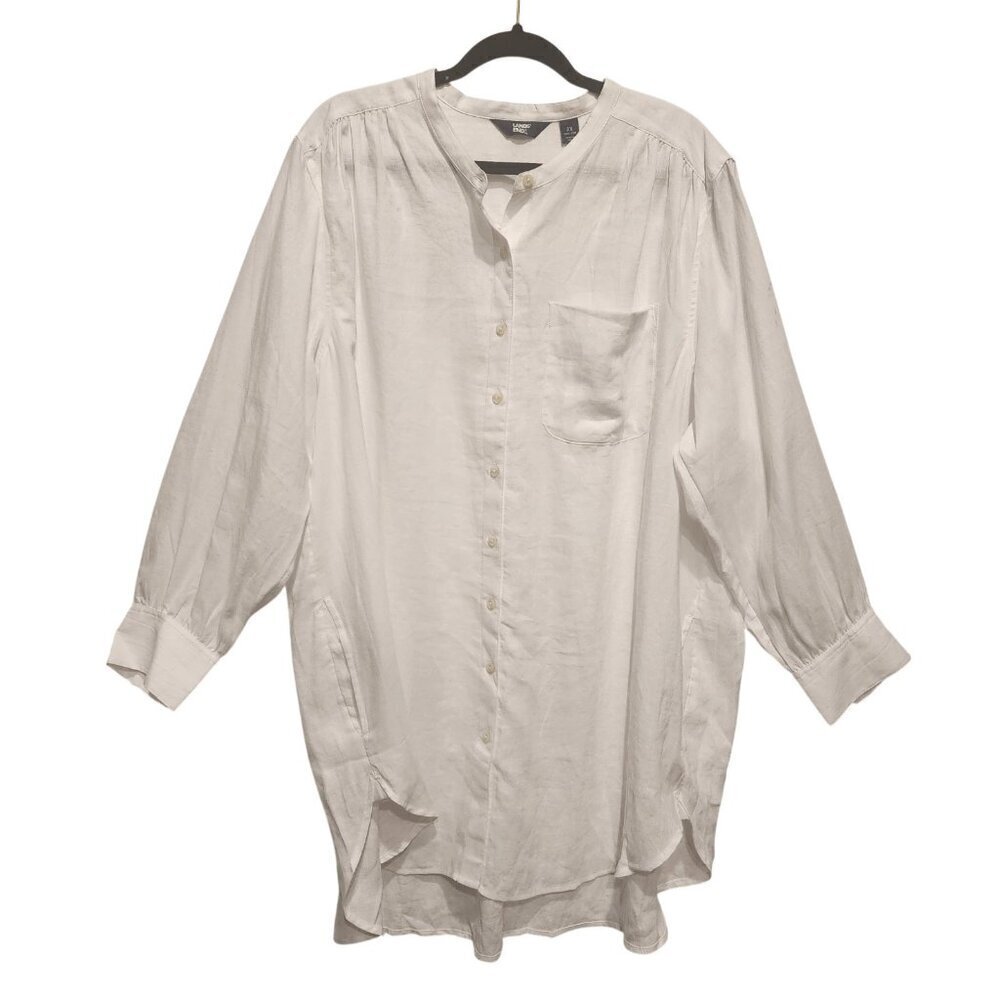 Lands' End Women White 100% Linen Long Button Down Tunic Top Size 2X 20W-22W